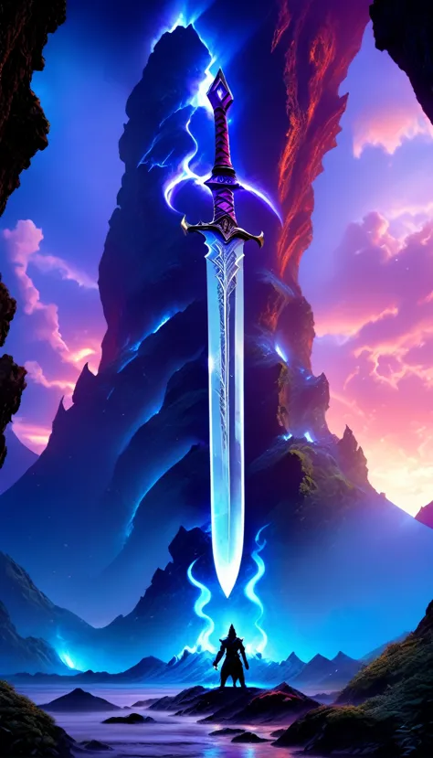 an giant sized sword surrounded with blue flame  stands on its point in volcano, a masterful sword made from diamond, epic sword...