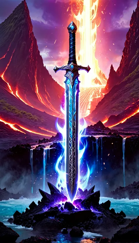 an giant sized sword surrounded with blue flame  stands on its point in volcano, a masterful sword made from diamond, epic sword...