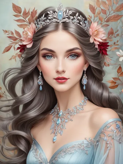 "an art nouveau style painting in soft pastel tones depicts a beautiful woman with pale eyes, detailed eyelashes and meticulousl...