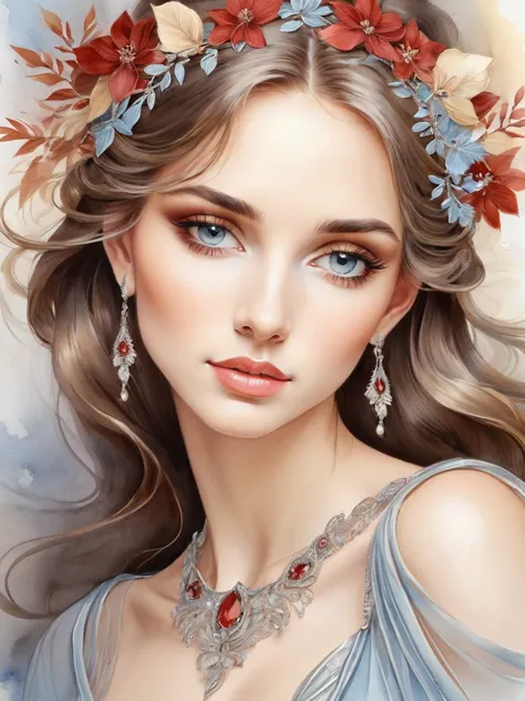 "a painting, art nouveau style, in watercolor brushstrokes, pastel tones depicts a beautiful woman with light eyes, detailed eye...