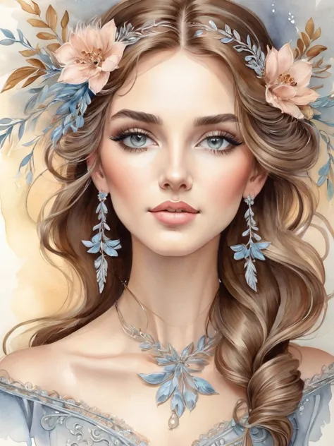 "a painting, art nouveau style, in watercolor brushstrokes, pastel tones depicts a beautiful woman with light eyes, detailed eye...