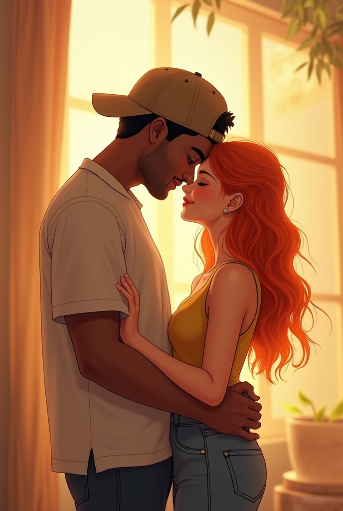 Cute couple, she's white with orange hair and he's black with a cap