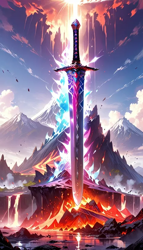 an giant sized sword surrounded with blue flame  stands on its point in volcano, a masterful sword made from diamond, epic sword...