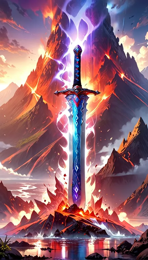 an giant sized sword surrounded with blue flame  stands on its point in volcano, a masterful sword made from diamond, epic sword...