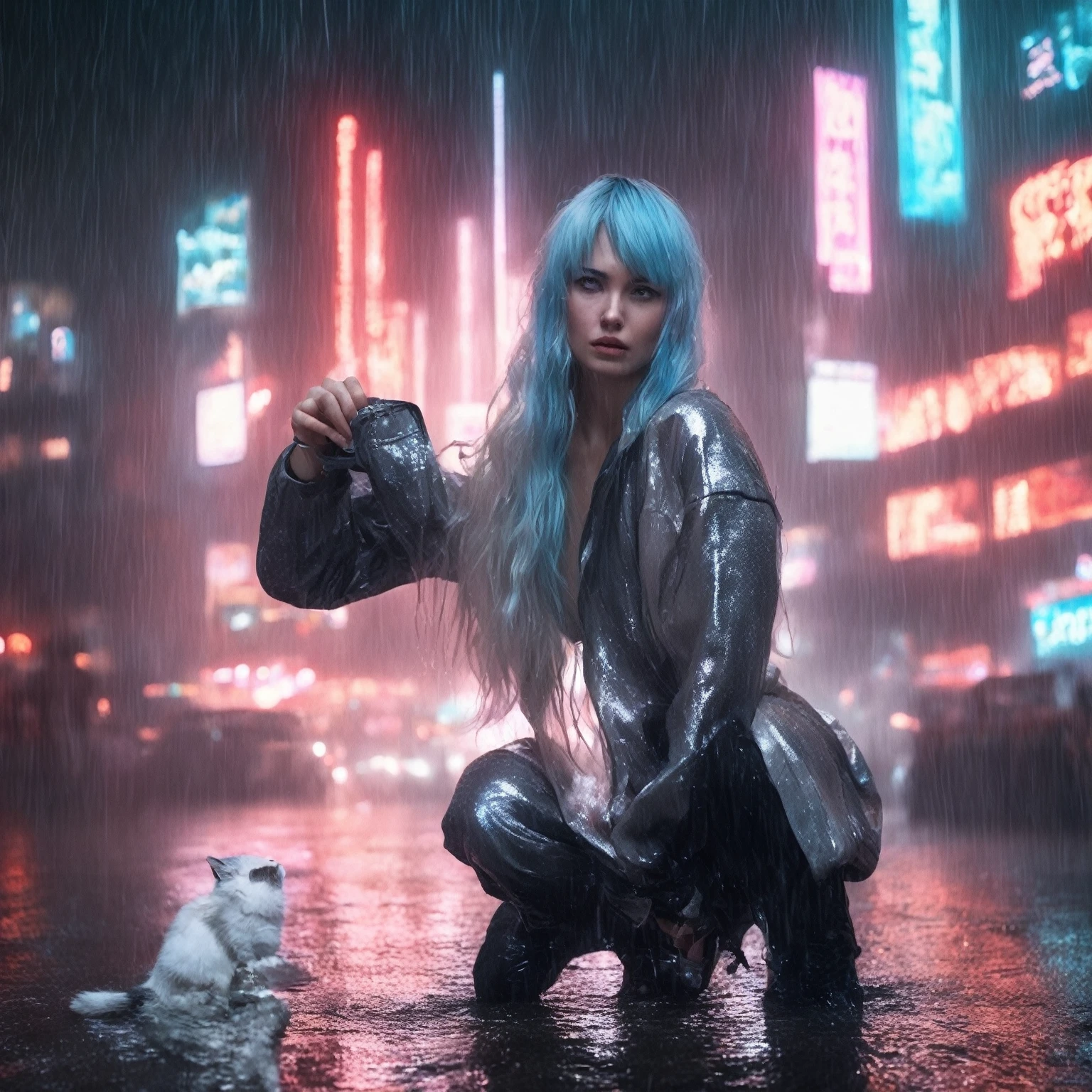 RAW photo, (photo flash:1.5) (fashion photography) (pictorialist style), fashion shot, realistic photo style, sharp focus,
(full body shot) of a 20 yo girl with ice blue hair in future clothes, angry or crying and sad looking, tearful and open-mouthed, reveal sorrow, open mouth, teary, tear, sorrow, crying, transparent liquid, water tears, glass tears, cute face, eye level, focus on eyes,
she ist wearing a sleek metallic jumpsuit with holographic accents, LED-lit seams, form-fitting silhouette, iridescent fabric, touch-responsive panels, adaptive color-changing, avant-garde asymmetry, integrated tech accessories, gravity-defying drapes, translucent mesh inserts, biomimetic textures, 3D-printed details, energy-efficient materials, microfiber sensors, minimalist cutouts, modular layering, neural interface compatibility, solar-charging capabilities
She is holding a white cat, rain, (wet fur:1.2), water droplets, puddles, drenched, shimmering, damp paws, misty air, whiskers glistening, gray skies, reflective eyes, soggy whiskers, damp nose, fur clinging, splashing, damp coat, rainy day, water-soaked, watery world
photo location is a night scene from blade runner movie: moviestill, (bright dazzling neon lights:1.3), futuristic skyline, neon-lit alleys, rain-soaked pavement, towering skyscrapers, gritty urban sprawl, synthetic humans, bustling crowds, holographic billboards, flying vehicles, dimly lit shops, cyberpunk aesthetics, dystopian atmosphere, steamy vents, flickering lights, androids in shadows, moody reflections, artificial intelligence, techno-noir setting, dark mysteries, urban decay, rain-slicked streets, augmented reality, electronic hum, metropolitan dystopia, eerie silence, urban isolation, polluted skies, neon glow, tech-enhanced crime, melancholic undertones, enigmatic figures, uncertain future, digital billboards, glimmering advertisements, corporate dominance, haunting alleys, tech noir ambiance, abandoned corners, cybernetic implants, forbidden desire