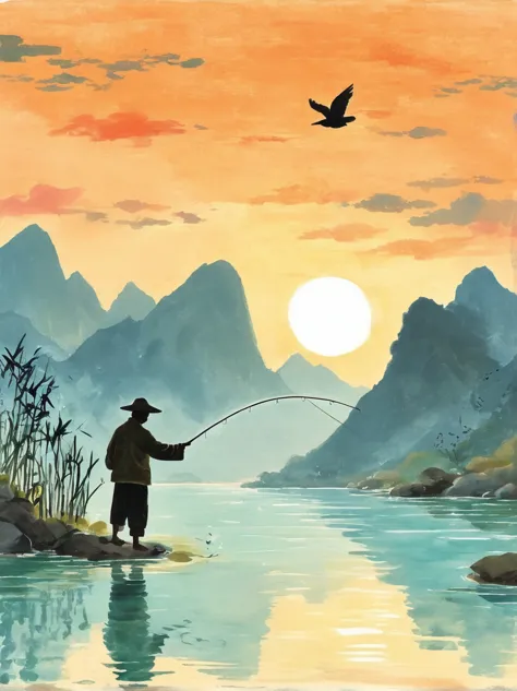 a silhouette of an angler casting their line into the water at sunset, with mountains in the background and calm waters reflecti...