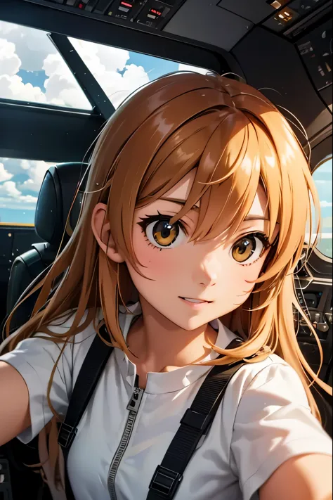 taiga aisaka f 35 pilot, taiga aisaka from the anime toradora, inside a cockpit of an f 35 model fighter plane. outside lightnin...