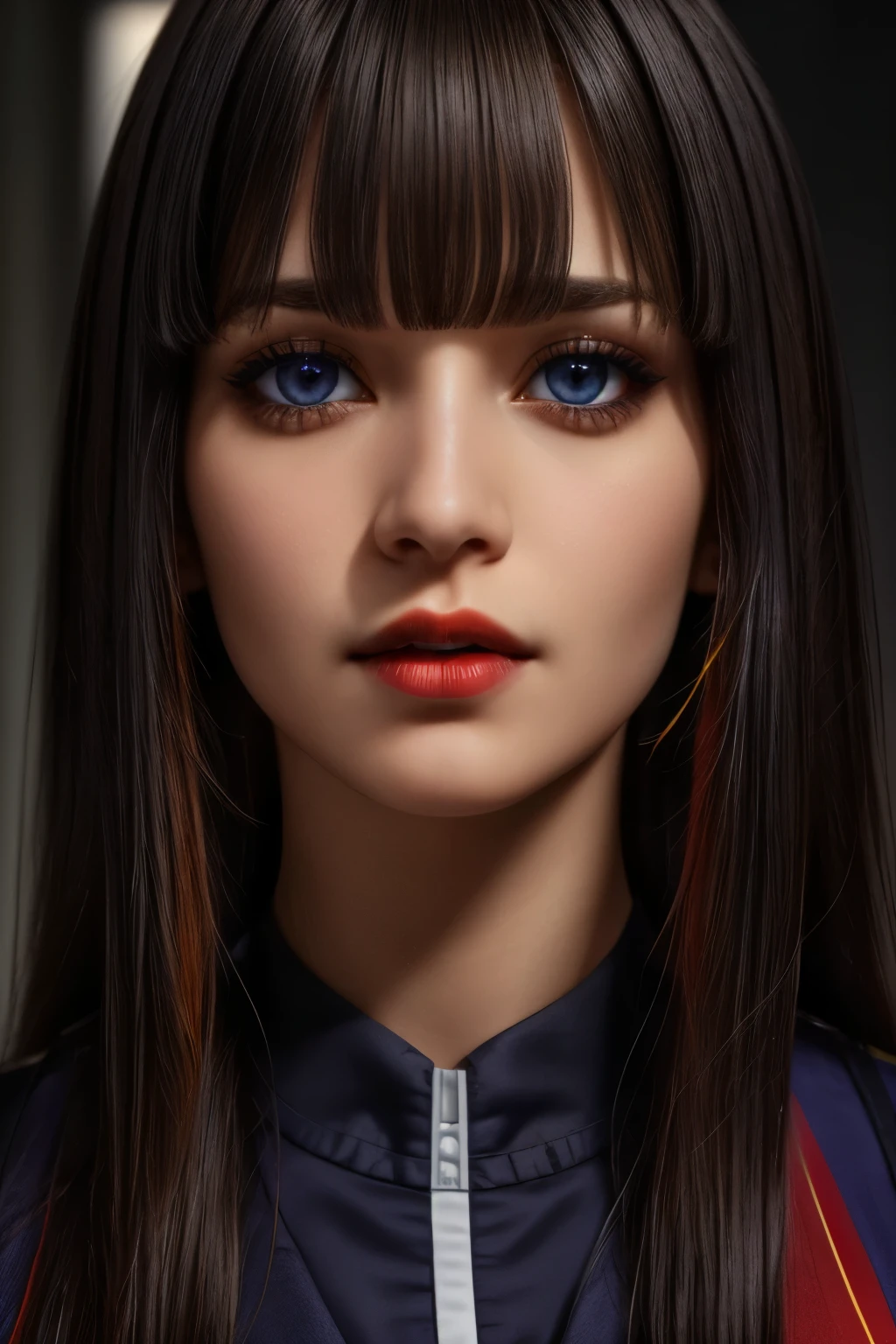 8K, Best Quality, 1girl, (skindentation), Night, (Dark), Clear Background Indoors, (People), Beautiful Bangs, Gorgeous,, (Clothing and Uniform:1.3),Soft Lighting, Attractive, Dark Room, (Mouth Closed:1.2, Beautiful Eyes, Detailed Eyes, Detailed Iris, Beautiful Lips, Beautiful Nose, Beautiful Face),(Primary Colors:1.5)