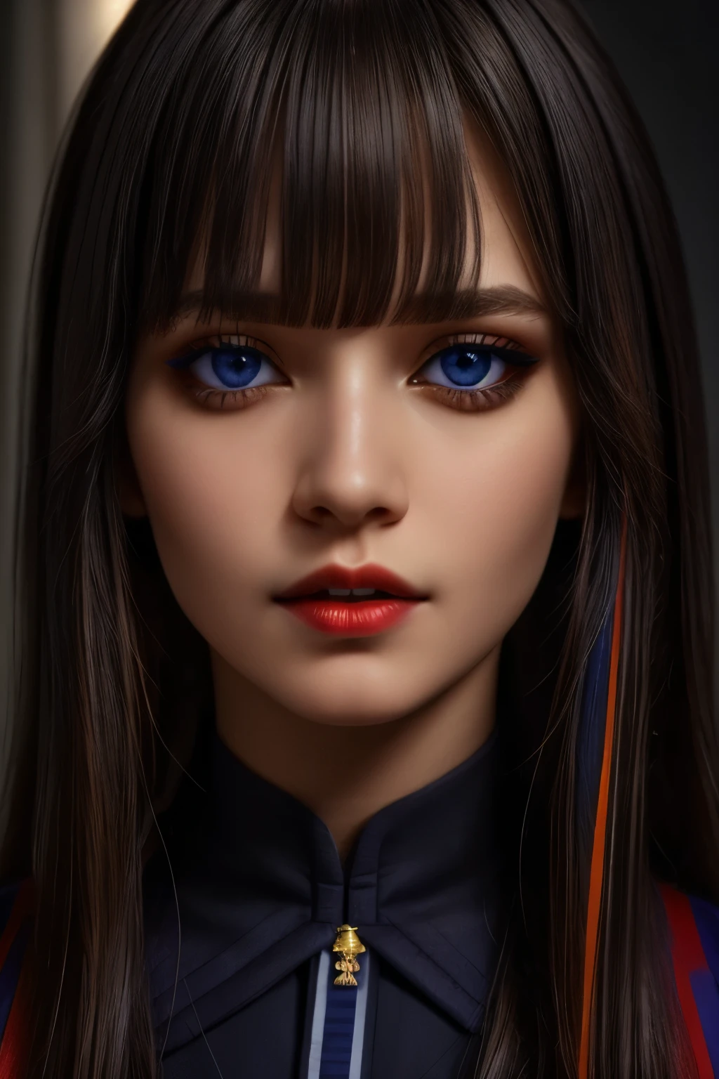 8K, Best Quality, 1girl, (skindentation), Night, (Dark), Clear Background Indoors, (People), Beautiful Bangs, Gorgeous,, (Clothing and Uniform:1.3),Soft Lighting, Attractive, Dark Room, (Mouth Closed:1.2, Beautiful Eyes, Detailed Eyes, Detailed Iris, Beautiful Lips, Beautiful Nose, Beautiful Face),(Primary Colors:1.5)