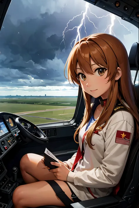 taiga aisaka f 35 pilot, taiga aisaka from the anime toradora, inside a cockpit of an f 35 model fighter plane. outside lightnin...