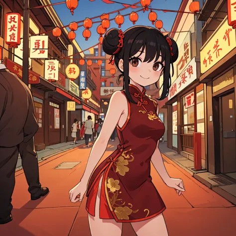 1girl, only one girl, wearing a red cheongsam, double bun hairstyle, black hair, brown eyes, looking at the viewer, smile, in ch...