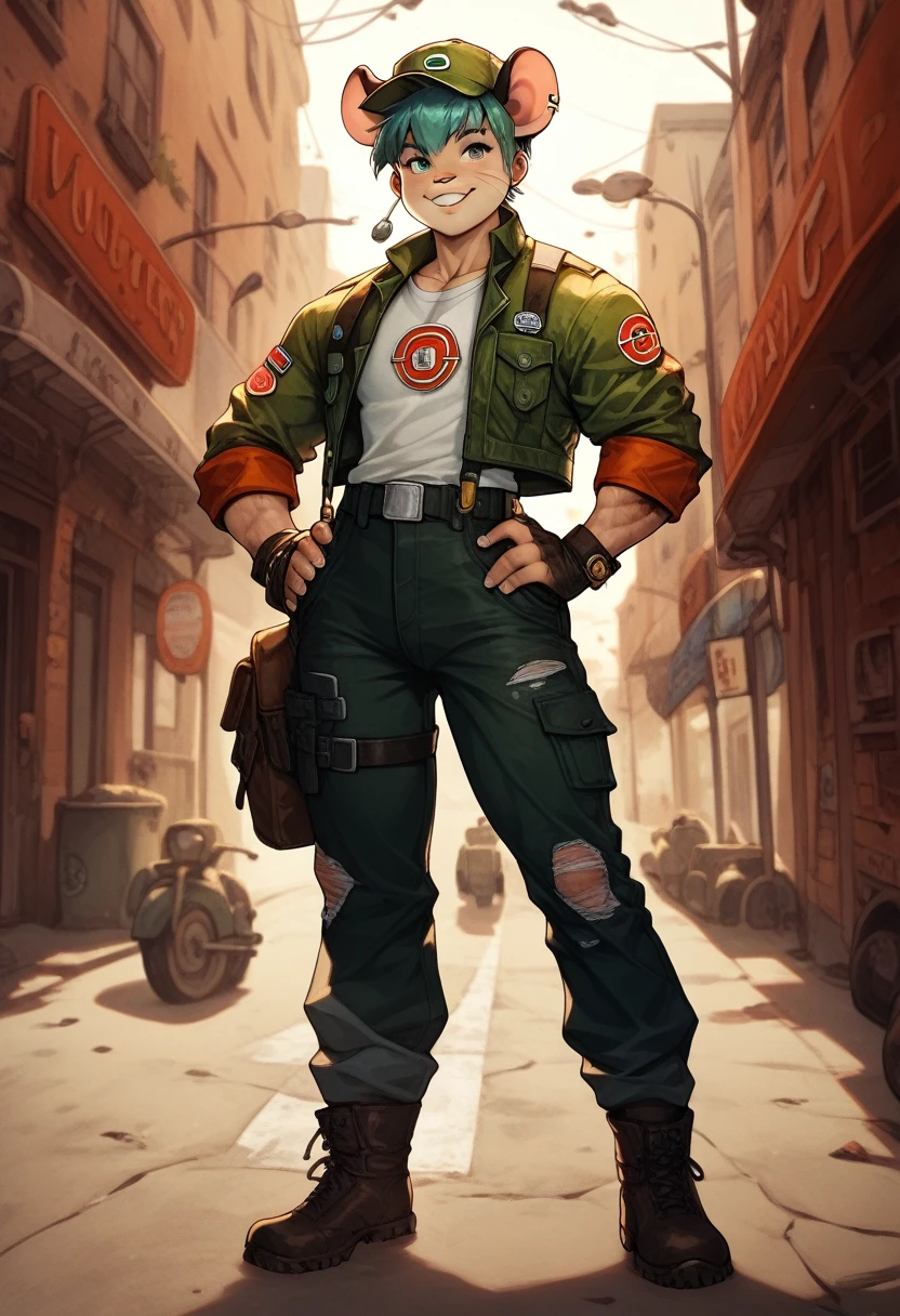 a anthropomorphic furry white mouse,mice buff,muscular man wearing a biker outfit,scars,Biker mice from mars,veteran,Vinnie,thick,young ,90’s style. He’s androgynous,spiky hair,equipped with some firearms weapons and a sensual ,cool expression,full body.The scene has a cool,sweet,sexual,Metal Slug style and a vibrant tone.industrial setting in the background