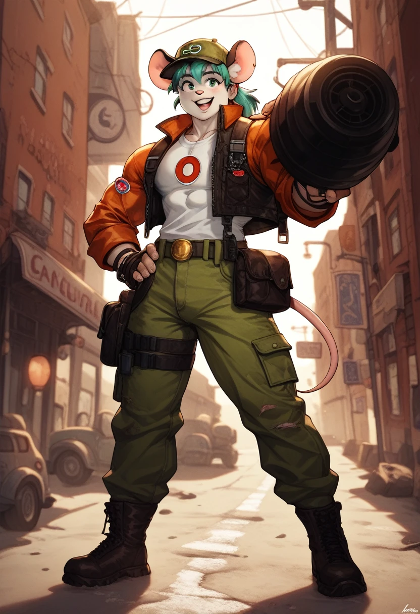 a anthropomorphic furry white mouse,mice buff,muscular man wearing a biker outfit,scars,Biker mice from mars,veteran,Vinnie,thick,young ,90’s style. He’s androgynous,spiky hair,equipped with some firearms weapons and a sensual ,cool expression,full body.The scene has a cool,sweet,sexual,Metal Slug style and a vibrant tone.industrial setting in the background