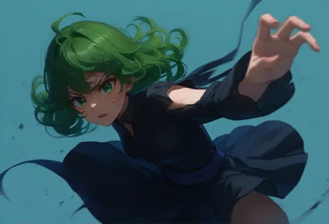 score_9_up, score_8_up, score_7_up, source_anime, 1girl, tatumaki, green hair, green eyes, epic pose, fighting pose, simple back...