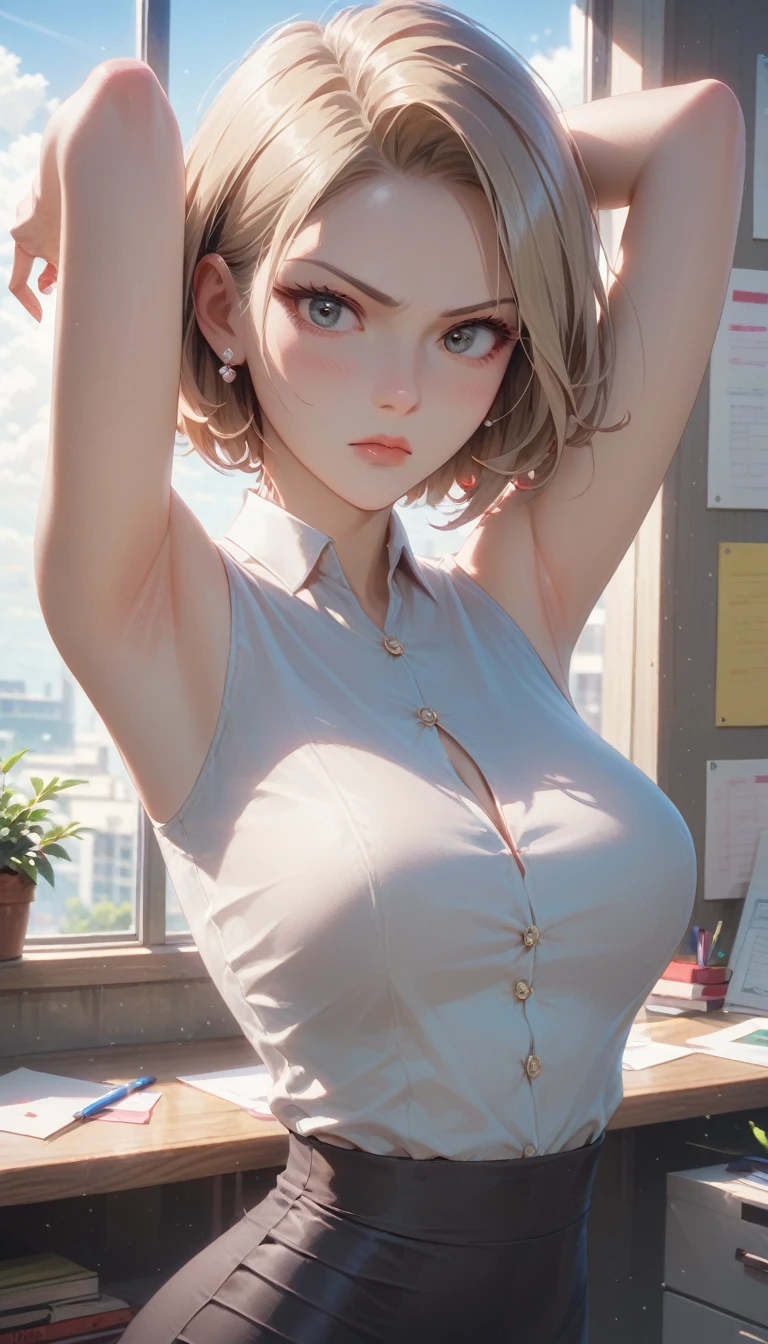 Masterpiece, Score_9, score_8_up, 8k, ultra-detailed, Ultra-high resolution, high-quality, 1girl, cute, scrunhie, perfect human anatomy, short hair, miss secretary, elegant, annoyed, v-shaped eyebrows, sleeveless, armpits, hot pants