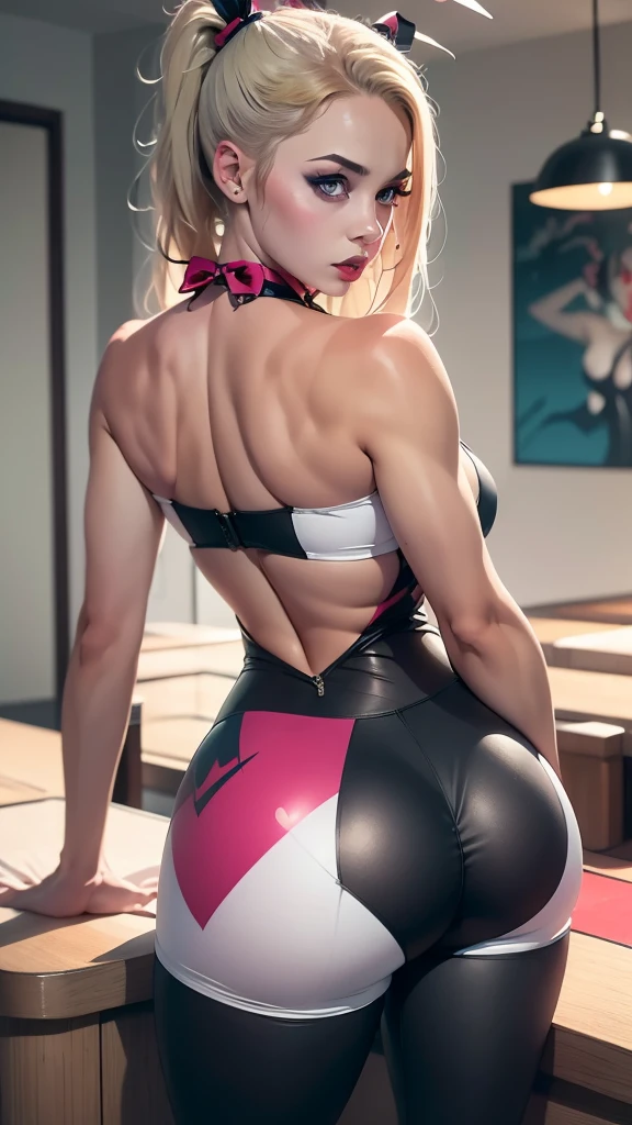 Harley Quinn, back shot,bunny girl,blond hair,collar bow_tie,morphsuit off_shoulder,leggings,casino,tanned skin, eye makeup,brwon skin,tannedRETRO ART STYLE, NEON_POP ART STYLE, ART STYLE