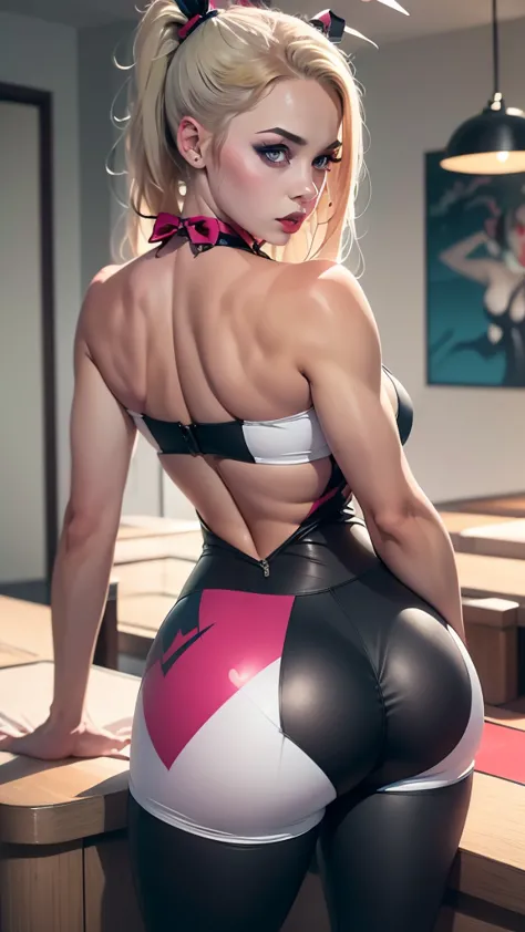 harley quinn, back shot,bunny girl,blond hair,collar bow_tie,morphsuit off_shoulder,leggings,casino,tanned skin, eye makeup,brwo...