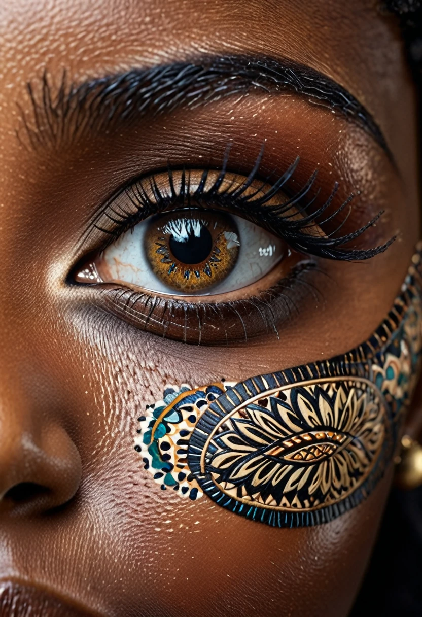 "Close-up of a black woman's eye, now with a deep black iris, surrounded by intricate designs and patterns that complement her skin tone. The background is neutral and devoid of any blue hues, focusing entirely on natural and earthy colors. Her face is slightly obscured, drawing all attention to the intense black eye. The lighting enhances the depth and detail of the textures, creating a captivating and mysterious atmosphere. The overall image emphasizes contrast and detail, with a focus on the eye's striking appearance."