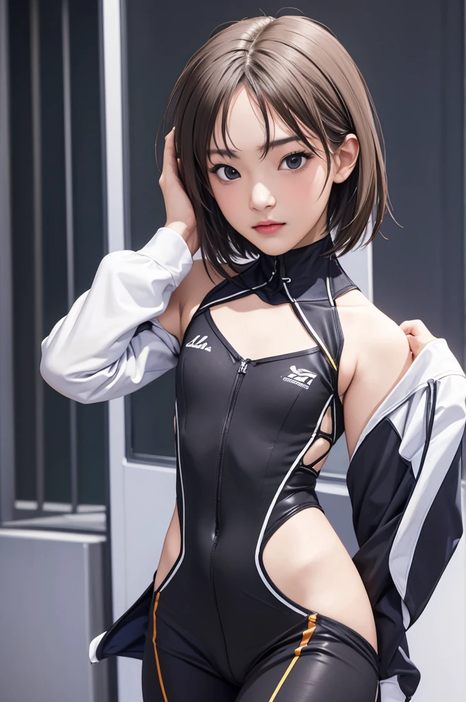 ((masterpiece, best quality)),((high resolution:1.3)), 1 Girl, solo, Cowboy Shot, Blurred Background, (((flat chest:1.2))), Thighs, (Groin), (sexy Racing Suits), ((cool pose)), (short hair)