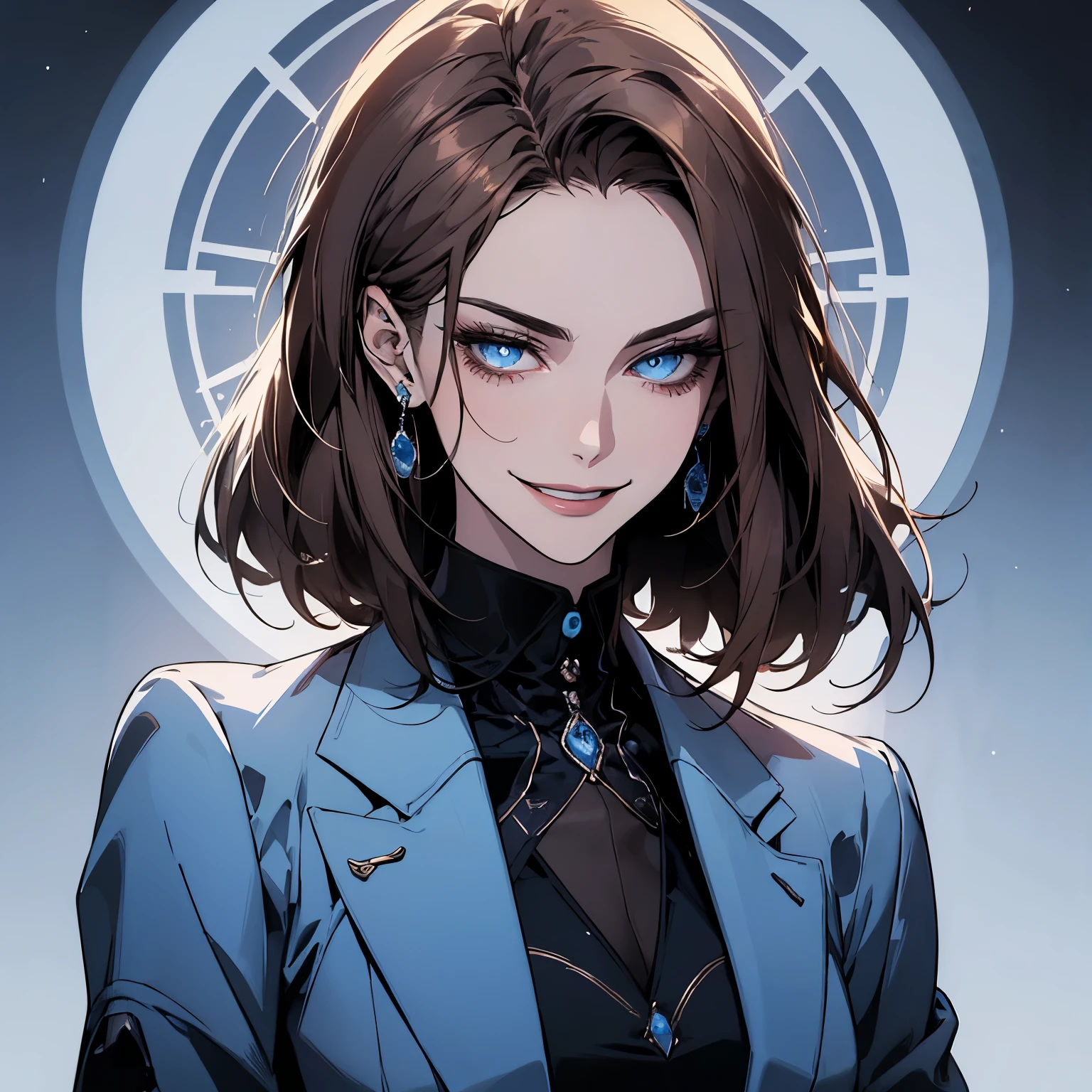 (top quality,a high resolution,very detailed),1 girl, Beautiful and elegant light blue eyes, Brown hair, cold smile,Bob Hair, Wearing a suit, mature woman, Age 25,cruel smile, tranquility and tranquility, A slim body, pale complexion, thin, tranquility, Secretary
