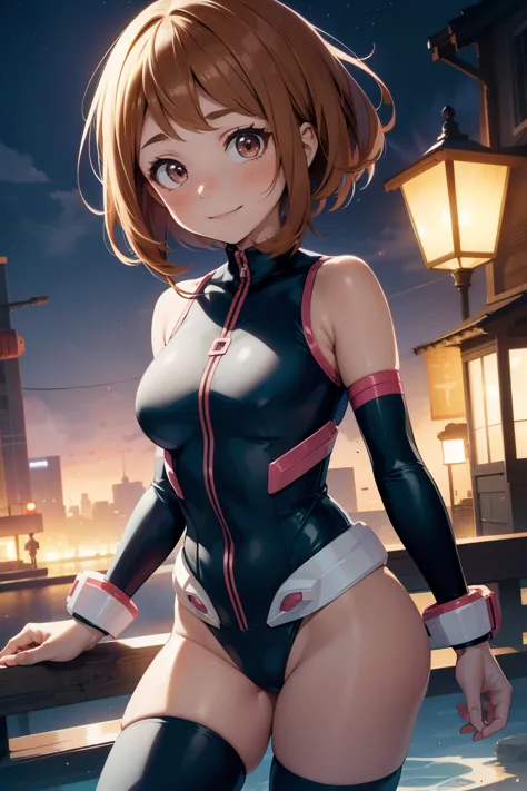 ochaco uraraka  ,1girl , anime , masterpiece  ,  smug smile ,short hair, hero uniforme  leotard  ,uravity  , medium  breasts , c...