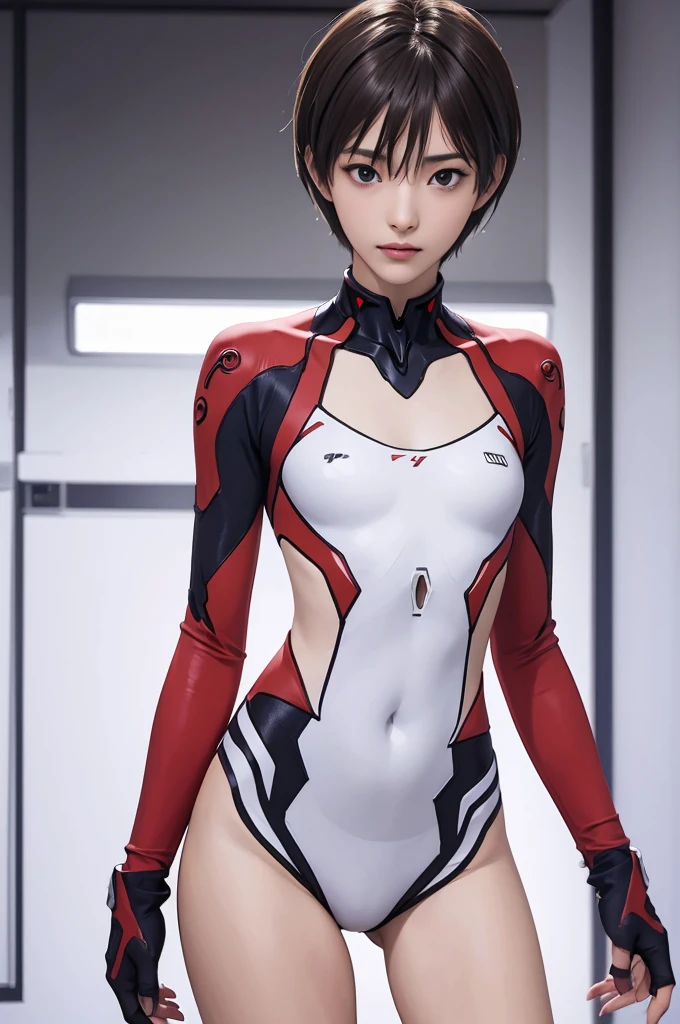 ((masterpiece, best quality)),((high resolution:1.3)), 1 Girl, solo, Cowboy Shot, Blurred Background, (((flat chest:1.2))), Thighs, (Groin), (Evangelion Plugsuit), ((cool pose)), (pixie cut:1.2)