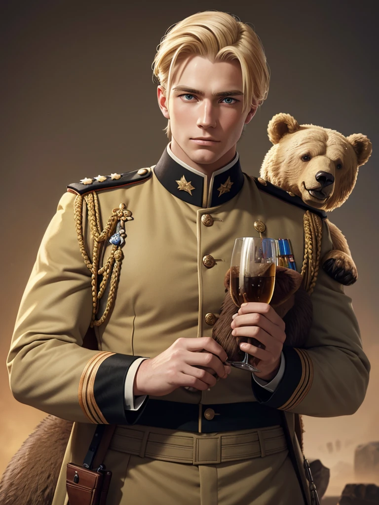 blond man in military uniform of the 19th century with a glass in hand (hugging a big bear), brave face, detailed face, high details, photorealistic, high quality