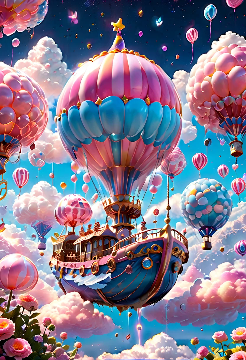 (Very unified cg scene design）,(character  design），( epic balloon ship floating in the clouds），pink and blue，starlights，rosette，butterflys，，like a dream，mystical lighting，4k detail，Dramatic light and shadow，like a dream，Beautiful lighting by Yoshitaka Amano at Studio Ghibli，3Drenderingof，c4d，Fantasyart，mirai，cartoony，