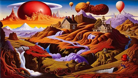 todd schorr's surrealism, surrealistic landscape , improvisation, spatial 7 dimensions,
((best quality, masterpiece)), complex p...