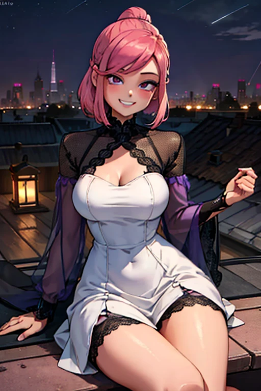 Perfect face. Perfect hands. A pink haired woman with purple eyes with an hourglass figure in lace dress is sitting on a rooftop with a big smile
