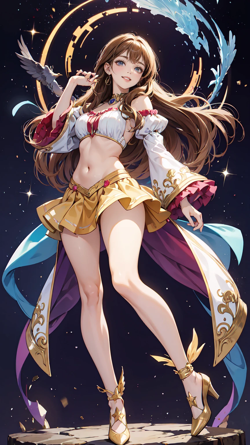 "1 mature magical woman, 26 years old, long brown hair, almond-shaped Aquamarine eyes, smiling and looking directly at the viewer. Wearing a fashionable outfit ((Gyaru)): a short skirt that extends to the abdomen, wide puffed red poet-style sleeves, golden high-heeled shoes. Background, with rich and vibrant colors and sparkles and mystical glitters highlighting her figure and emphasizing her magical and witch-like appearance."