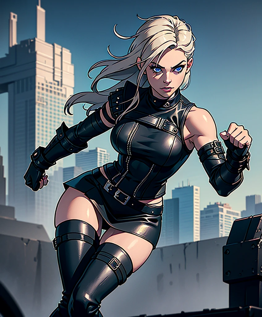 (((Full-length shot))),((Best quality)), ((masterpiece)),(detailed),muscular build and medium breasts .., wears an open black leather vest.., black leather gloves, a short skirt and heavy boots. She has a punk rock look.Hyper-realistic close-up photo of Rose Wilson DC, blue eyes,(Photorealism: 1.4), Create dystopian masterpieces. Post-apocalyptic world. Pay attention to small details, sharp focus. The palms of the hands are clenched into fists.