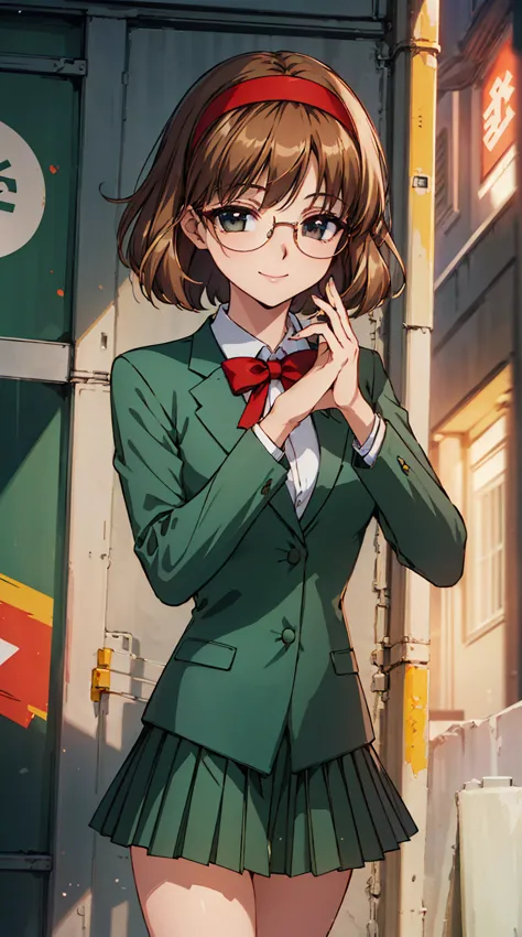 phoenix temple fuu,one person,short hair,light brown hair,glasses,((red hairband)),green blazer,mini skirt,smile,masterpiece,noi...