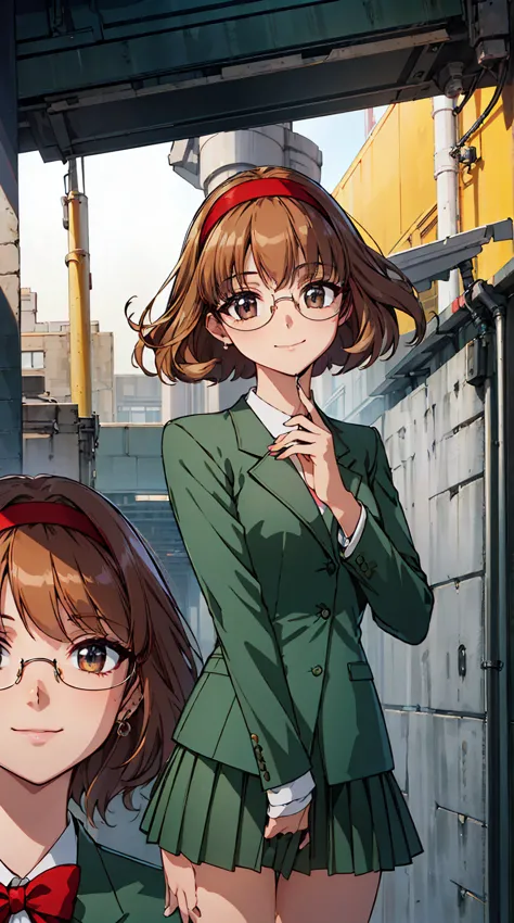 phoenix temple fuu,one person,short hair,light brown hair,glasses,((red hairband)),green blazer,mini skirt,smile,masterpiece,noi...