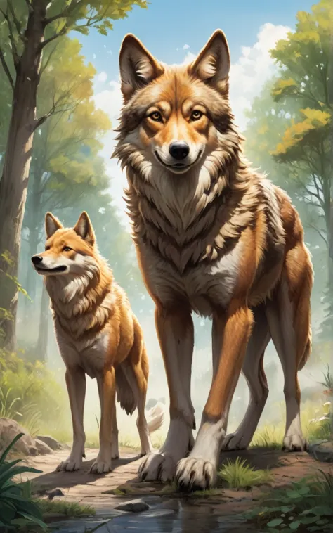 raw photo, high quality.antropomorph. dog, wolf, and coyote.10 yo group. high quality. beautifully drawn, high quality, ultra de...