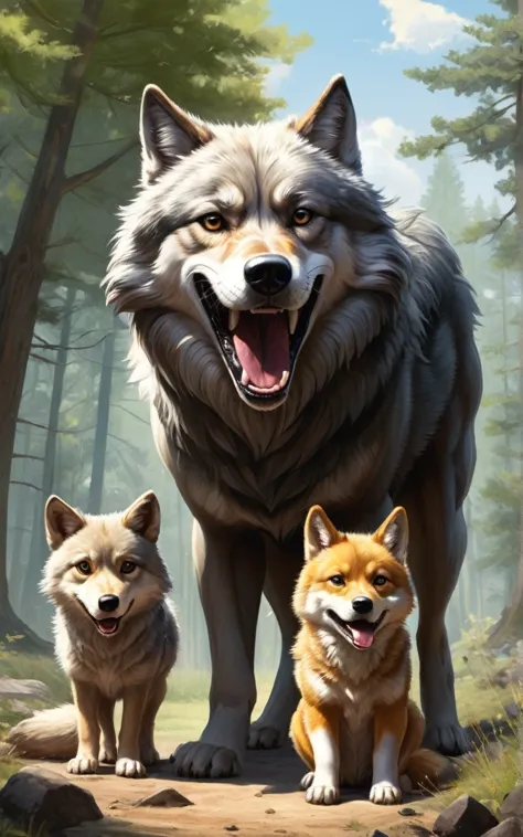 raw photo, high quality.antropomorph. dog, wolf, and coyote.10 yo group. high quality. beautifully drawn, high quality, ultra de...