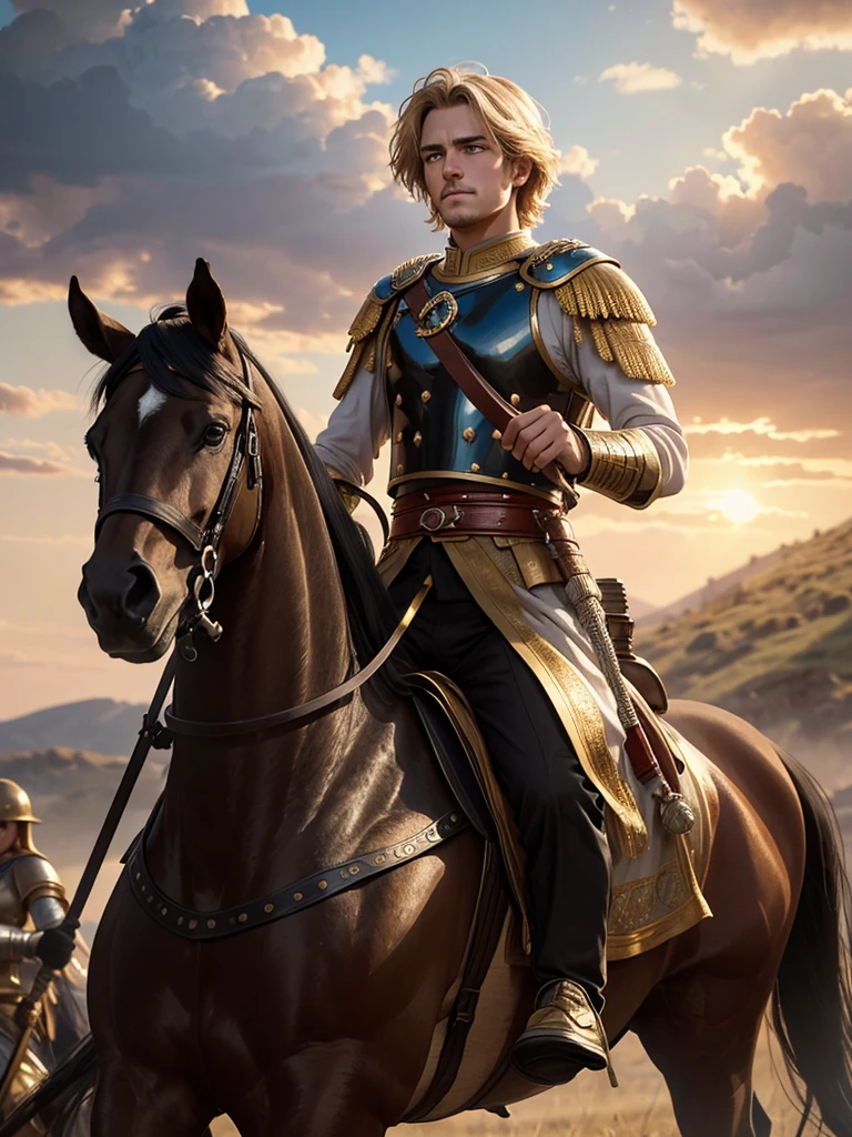 Alexander the Great, handsome, atop a black steed, short blond hair flowing, facing the camera with determination, full body captured, cinematic film still, swathed in richly textured garments of historical accuracy, gripping the reins with a look of focused intent, set against the backdrop of an ancient battlefield, bathed in the soft golden light of the late afternoon sun, each detail rendered in ultra fine 8k resolution, capturing the essence of