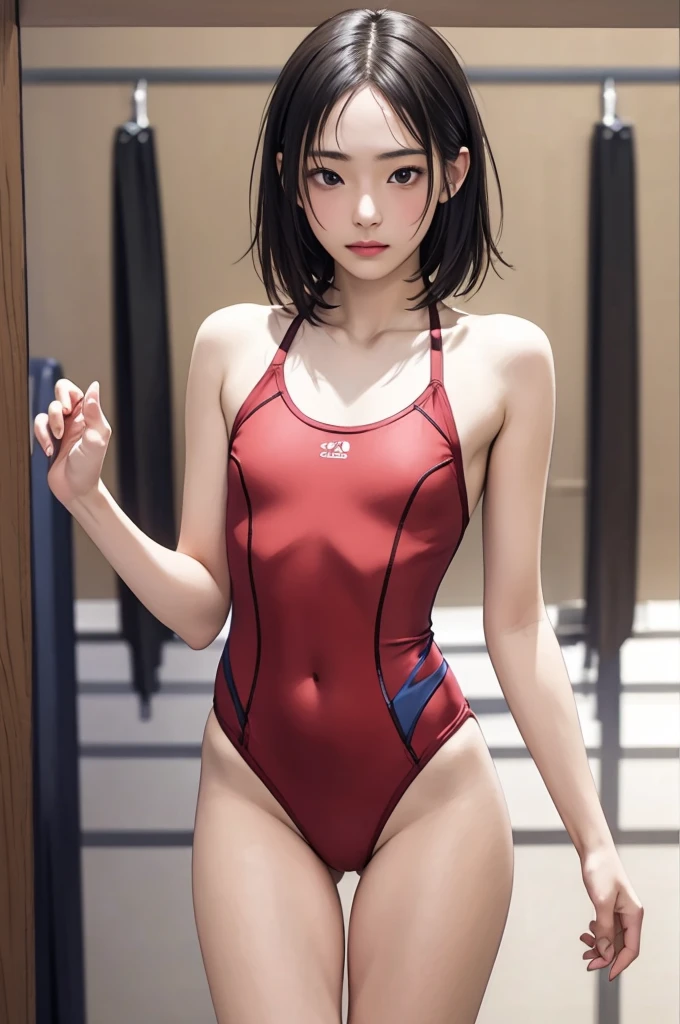 ((masterpiece, best quality)),((high resolution:1.3)), 1 Girl, solo, Cowboy Shot, Blurred Background, (((flat chest:1.2))), Thighs, (Groin), (one piece swimsuit), ((cool pose)),short hair