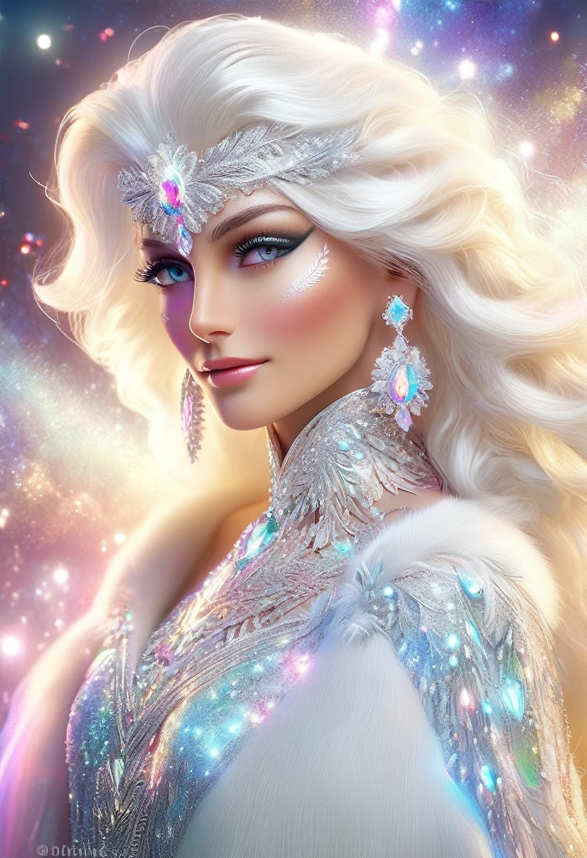 A beautiful woman with pearly tanned skin stands gracefully, her long white hair shining with luster. Her face is perfect, with eyes detailed with mascara that shines with colorful glitter, and her full lips complement her striking appearance. She wears elegant stone earrings and a matching necklace. Her costume includes an iridescent plastic fabric that flows around her exposed shoulders, complemented by a luxurious white faux fur coat over her. The background is illuminated with colorful and intricate ice crystals, creating a mesmerizing and ethereal atmosphere. The entire scene is optimized for stunning visual impact."