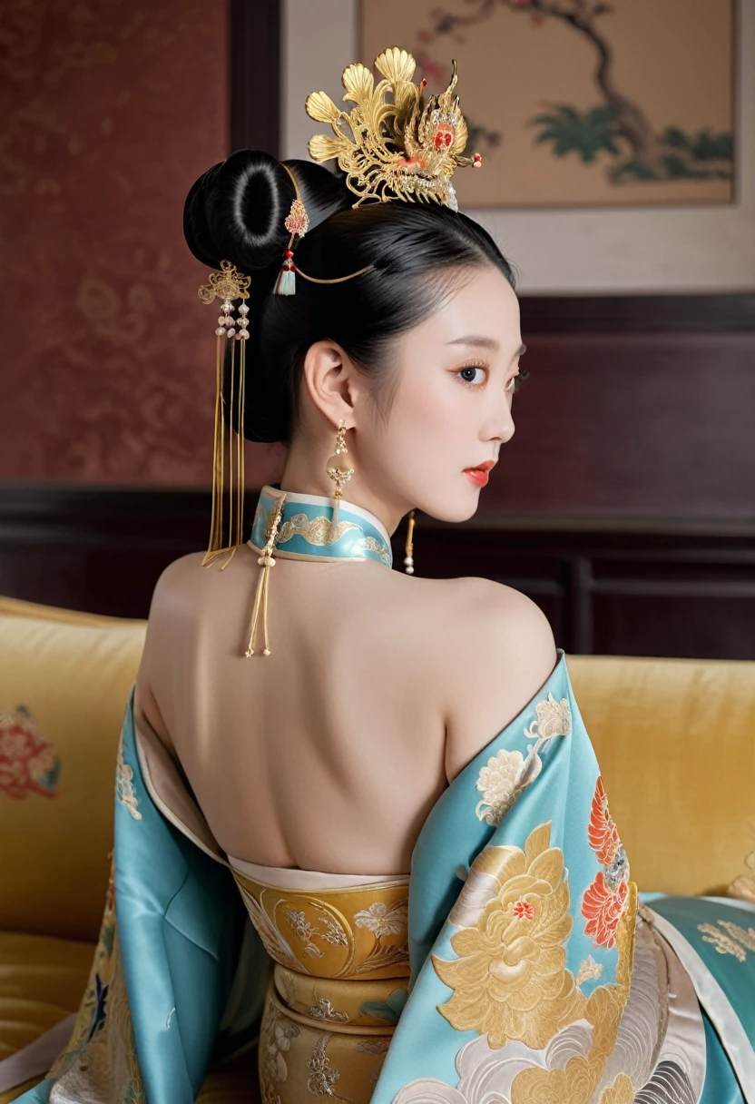 A lavish Chinese empress from the Qing dynasty era.  A close-up of her naked buttocks on a large golden sofa, showcasing her large breasts and prominent buttocks.  The close-up view shows her backside with her face visible.（Porn Pose） A gorgeous Chinese imperial empress with her hair tied on both sides and wearing a crown、Background of kinky and erotic woman tying her hair、The story is set in the luxurious rooms of an empress in the Chinese imperial court during the Qing dynasty.。