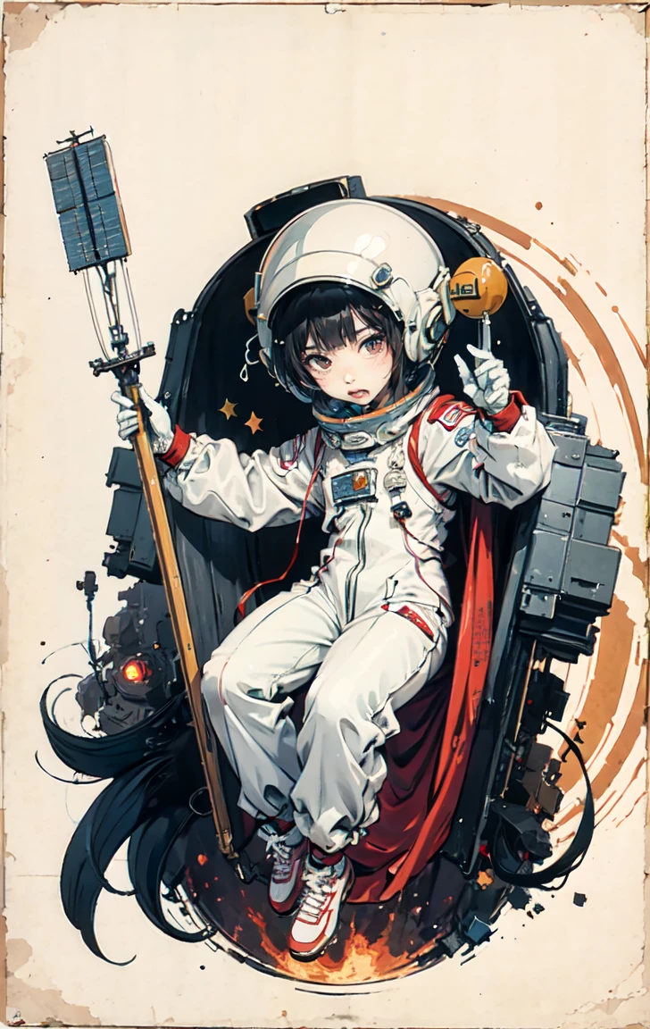 1 person,flat_chest,cute,beautiful detailed eye,shiny hair,visible through hair,hairs between eye, CCCP Poster, Sovietposter,red monochrome,Soviet poster, Soviet,Communism,
black_hair,red_eye,vampire,Teen,小さいchest,Spacesuit:orange_clothing_body:Jumpsuit),white_gloves, white_Space shoes, white_Helmet, the CCCP red letters on the top of Helmet, no gravity, Side light, reflection, Spacesuitを着た人物はフレームの左下にいます, Extending the right hand, My right hand gently touches the Salyut space station.), Space station in the top right of the screen, 太陽からのreflection光, silver metal,red flag, Shine,Soviet style, diffuse reflection, Metallic texture, The view is of the blue earth,mecha style,Sea of stars,Treble, growing up、Ukiyo-e style background、、bondage、Female orgasm、she&#39;Having orgasm and losing control.