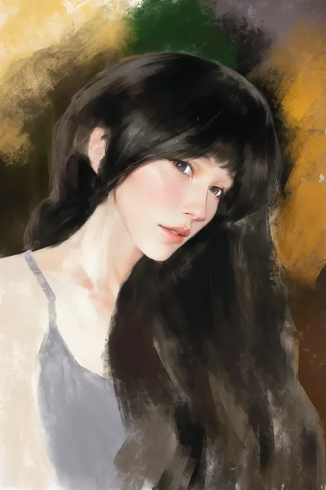 a portrait of a woman with long hair wearing a gray shirt, # 史上最伟大的 1 幅digital painting, #史上最伟大的 1 幅digital painting, 艺术digital ...