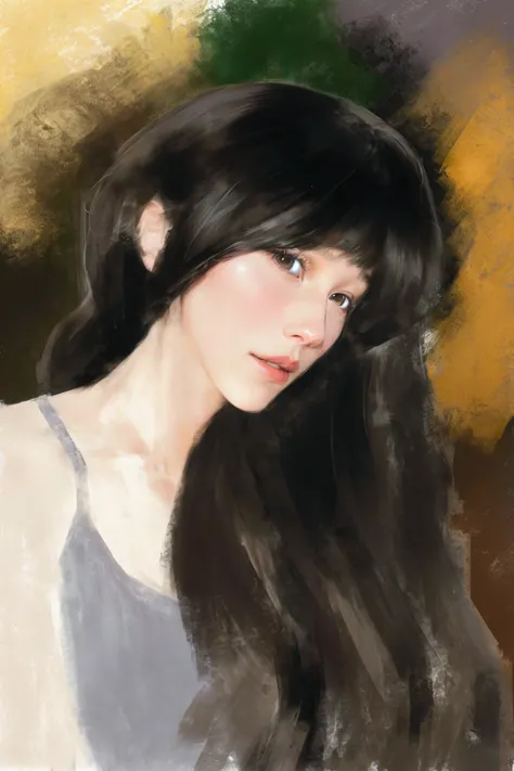 a portrait of a woman with long hair wearing a gray shirt, # 史上最伟大的 1 幅digital painting, #史上最伟大的 1 幅digital painting, 艺术digital ...