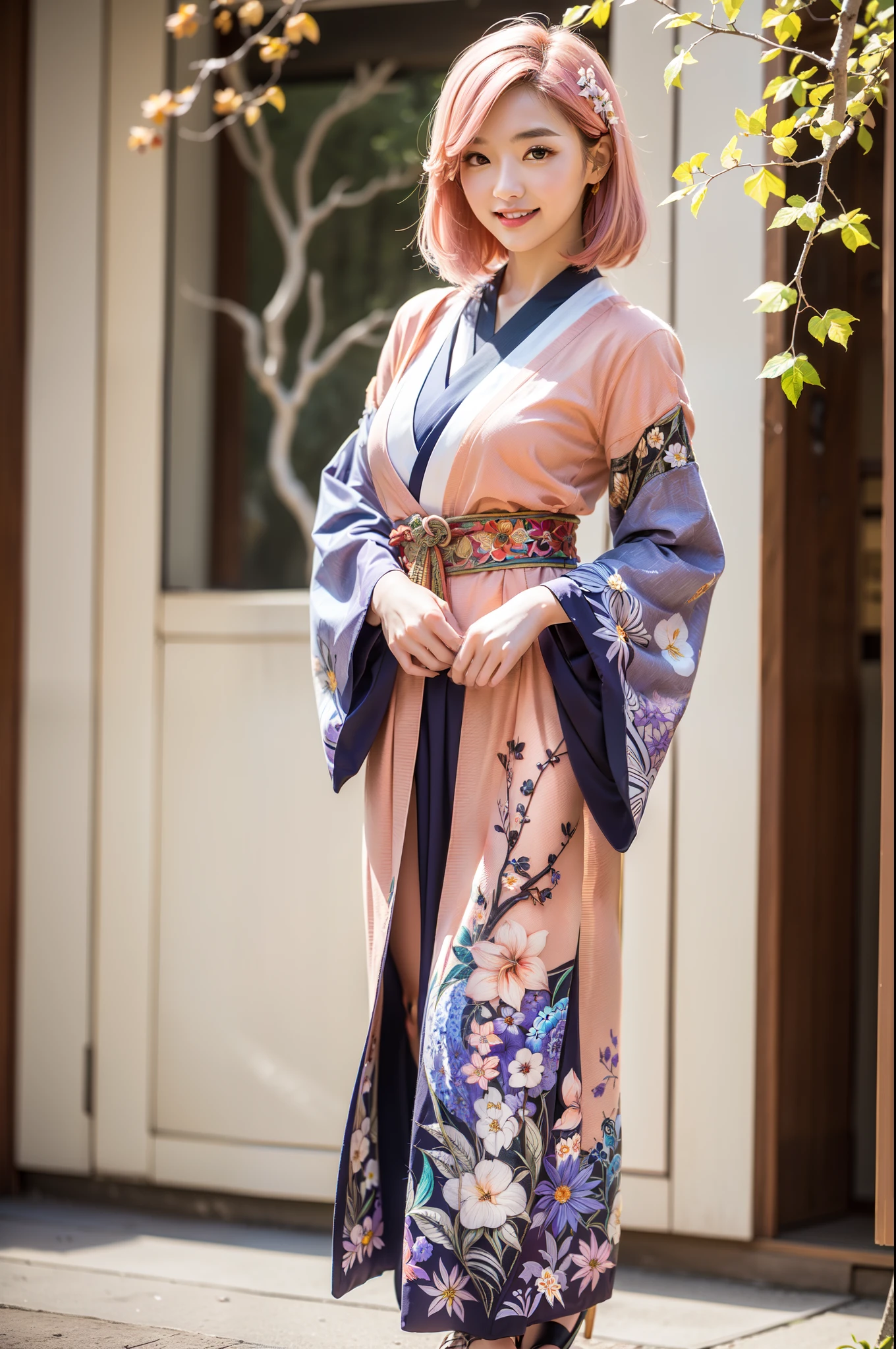 highly detailed and intricate background, full body shot, absurdist, high resolution, ultra detailed, 1 Japanese fashion model, Yae Miko, bright smile, pink hair, purple eyes, (floral branch:1.3), (Zentangle:1.2), (Geometric:1.2), colorful