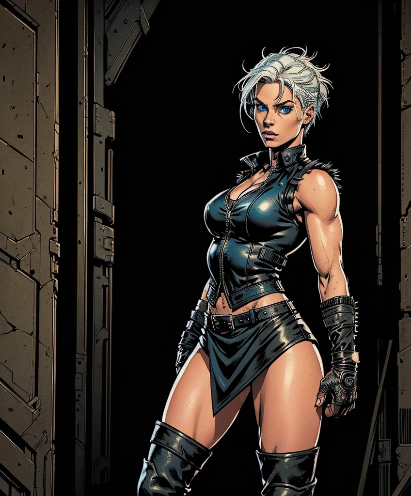 (((Full-length shot))),((Best quality)), ((masterpiece)),(detailed),muscular build and medium breasts .., wears an open black leather vest on a naked body.., black leather gloves, a short skirt and heavy boots. She has a punk rock look.Hyper-realistic close-up photo of Rose Wilson DC, blue eyes,white hair(Photorealism: 1.4), Create dystopian masterpieces. Post-apocalyptic world. Pay attention to small details, sharp focus. The palms of the hands are clenched into fists.