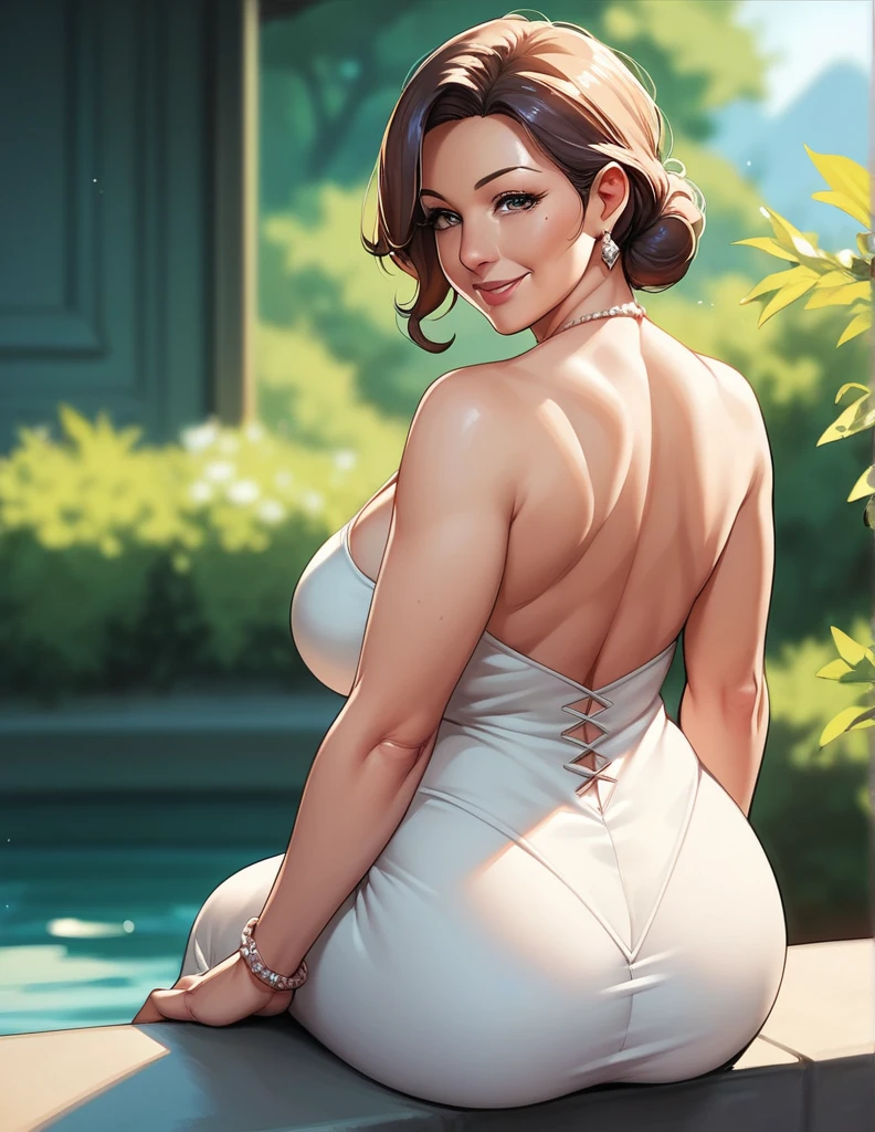 score_9, score_8_up, score_7_up, source_anime, 1woman, 1girl, mature female, mother and stepdaughter, mature female, seductive smile, looking at viewer, The mother is sitting, stepdaughter is clinging on mother, white tight dress, from behind, (focus on her hips), Sitting on stepdaughter