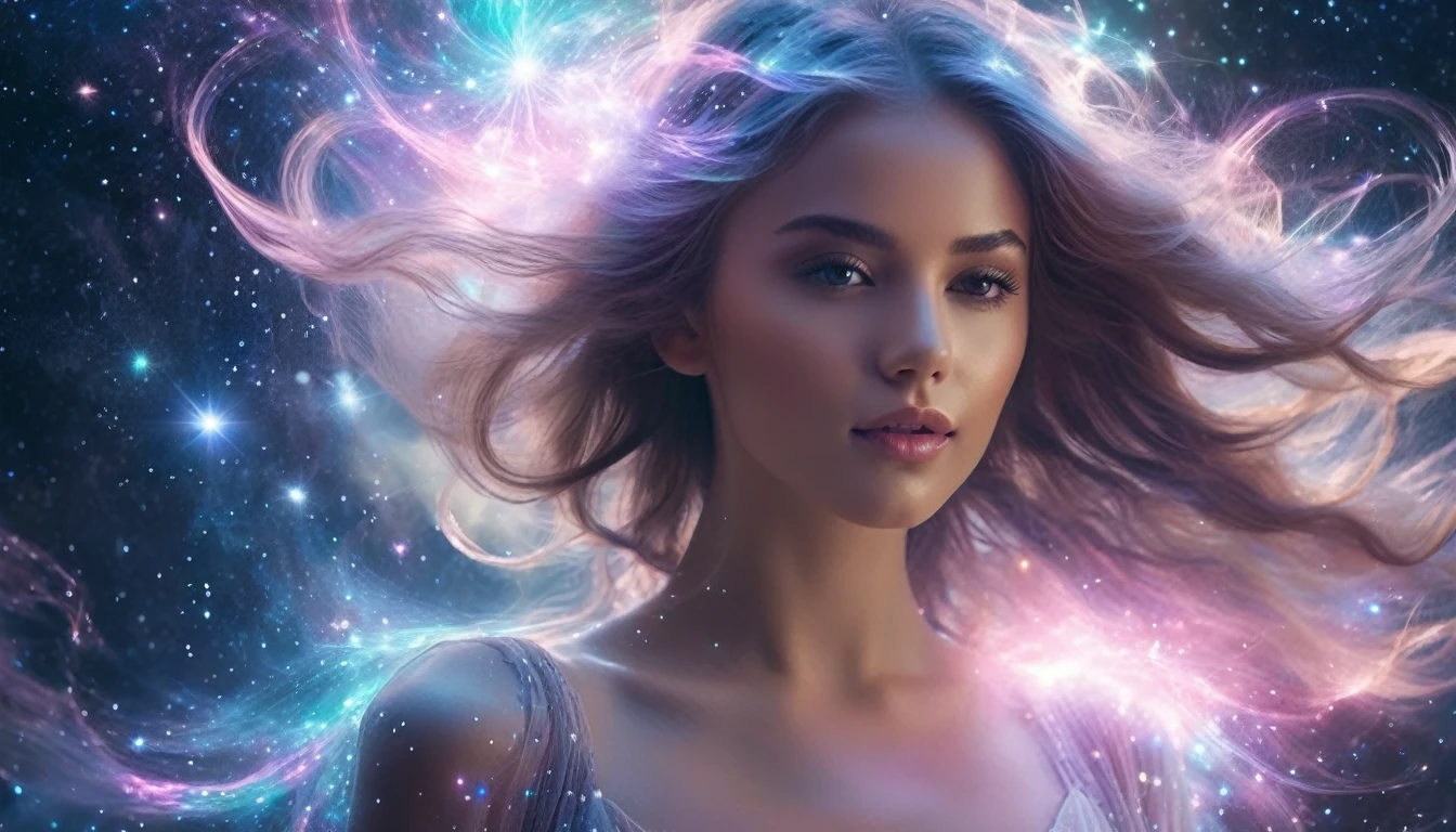 "Beautiful ethereal young woman with flowing hair, standing in the middle of a swirling cosmic nebula, magical sparks and stardust around her, dreamy and enchanting atmosphere, high détail, Photorealistic quality"

fantasy portrait space magic
"Young and delicate female figure emerging from a foggy galaxy, soft pastel colors, beleza celestial, swirls of cosmic energy swirling around her, ethereal glow, ultra-high resolution, cinematic lighting"