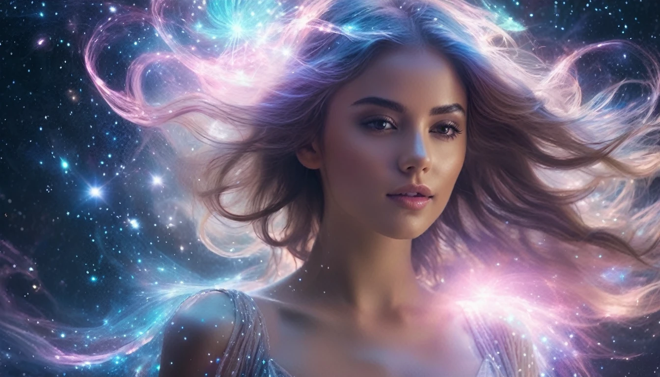 "Beautiful ethereal young woman with flowing hair, standing in the middle of a swirling cosmic nebula, magical sparks and stardust around her, dreamy and enchanting atmosphere, high détail, Photorealistic quality"

fantasy portrait space magic
"Young and delicate female figure emerging from a foggy galaxy, soft pastel colors, beleza celestial, swirls of cosmic energy swirling around her, ethereal glow, ultra-high resolution, cinematic lighting"