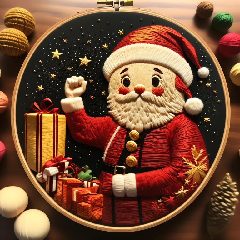 Best quality，tmasterpiece，Ultra-high resolution，（Shoot real：1.4），（Embroidery Christmas on silk，santa，gifts，Christmas tree，starlights，yukito），（Embroidery，punch needle embroidery，Su Embroidery），（plethora of colorest quality，high detal，tmasterpiece，Cinematic lighting effects，4K，clair obscur）