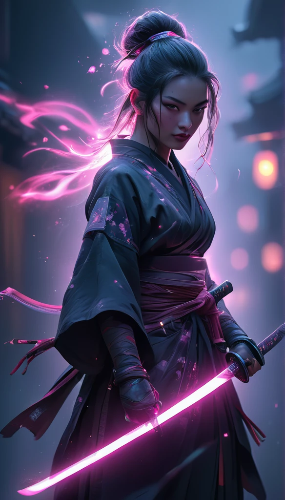 samurai, Mujer de 25 años, hyperrealism, Piel muy detallada, 4k,,, AshleyWoodArtAI,, foto de perfil de katana, Pintura orgánica, Noche, pintura mate, formas atrevidas, bordes duros, arte callejero, Tendencia en ArtStation, Por Huang Guangjian y Gil Elvgren y Sachin Teng, Brillo, katana